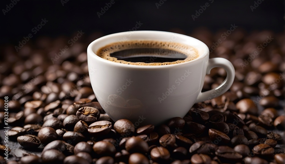 cup of coffee on coffee beans, dark background. cup of coffee on coffee beans, dark background.