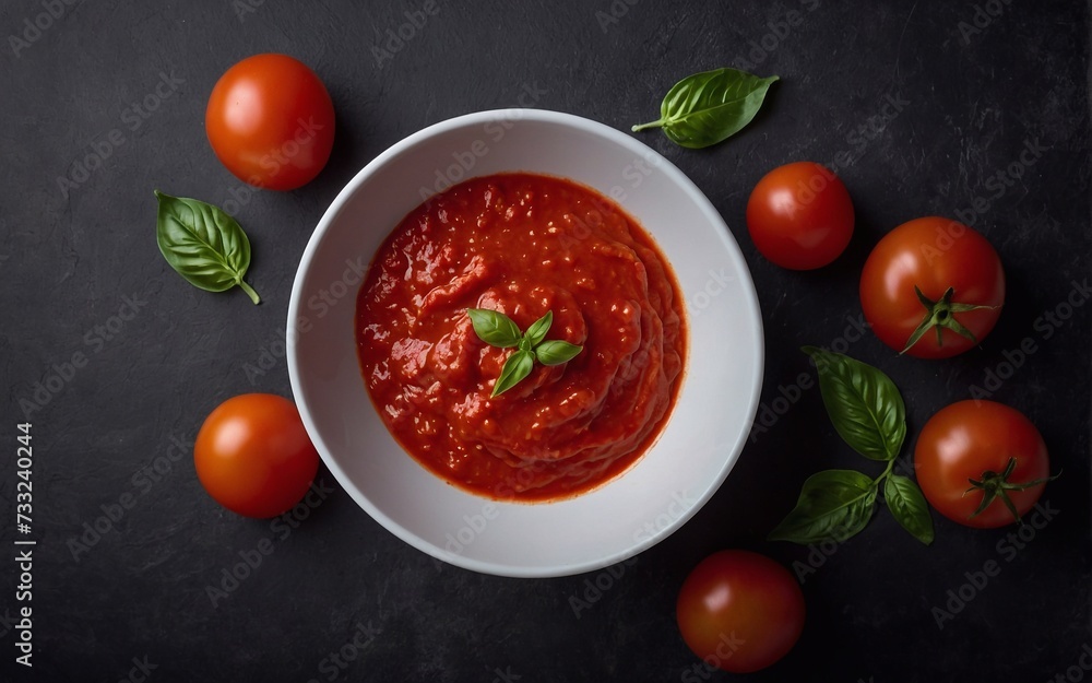 Tomato sauce in a bowl with tomatoes on dark background, healthy vegetable sauce. Tomato sauce in a bowl with tomatoes on dark background, healthy vegetable sauce.