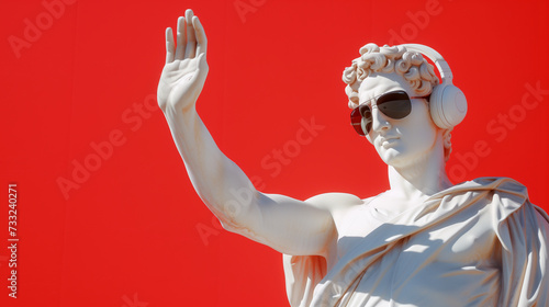Modern twist on classical sculpture with David wearing sunglasses and headphones