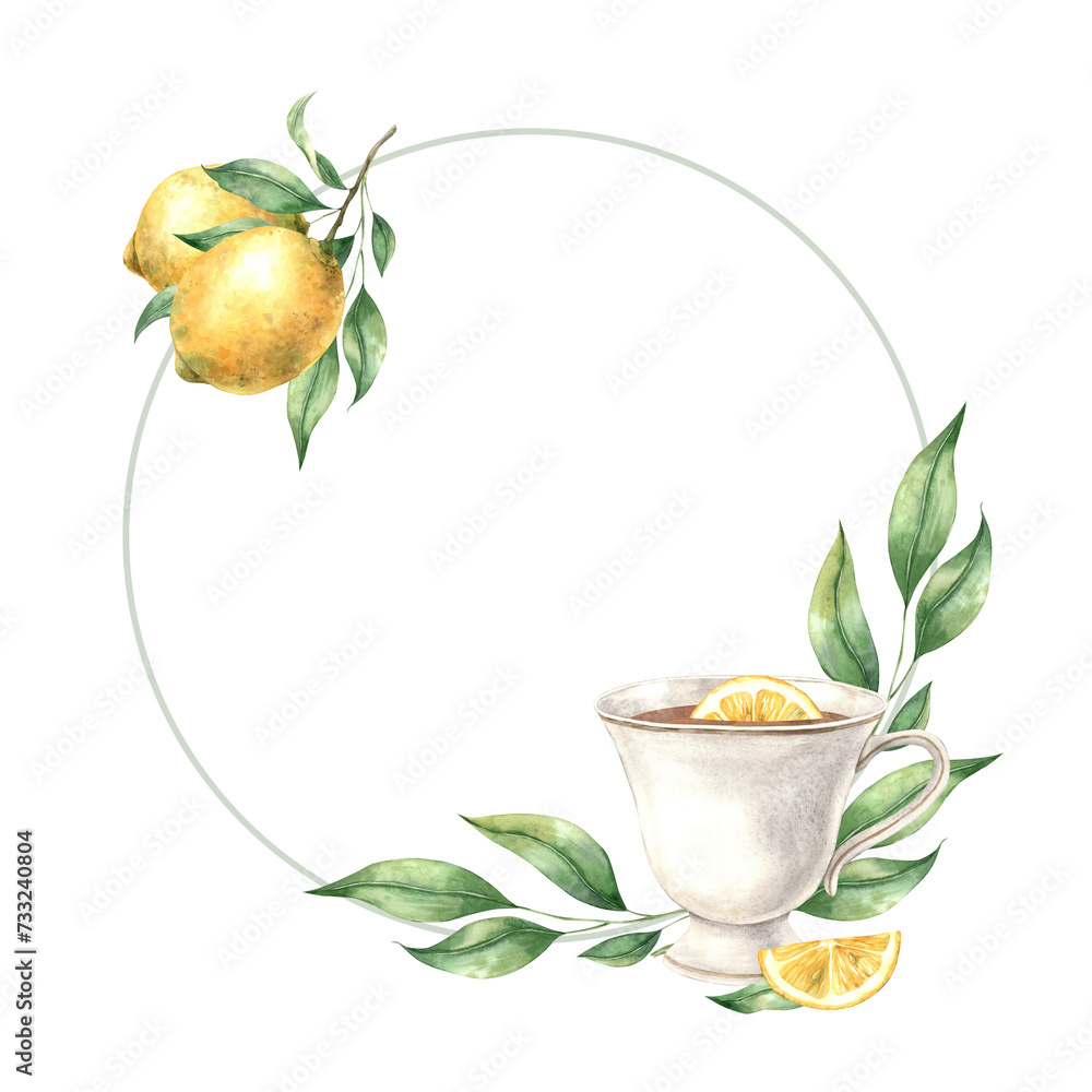 Watercolor round frame with ceramic mug, green lemon leaves and yellow lemon. Illustration is hand drawn, suitable for menu design, packaging, poster, website, textile, invitation, brochure.