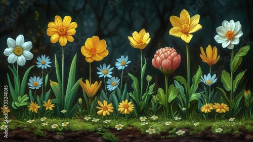 Obraz przedstawiający wiele różnych kwiatów na polu w rzędzie