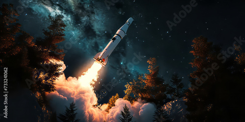 Space exploration concept with rocket launch into starry sky, symbolizing ambition, innovation, and discovery