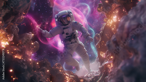 Astronaut in outer space with cosmic nebulae and celestial bodies around