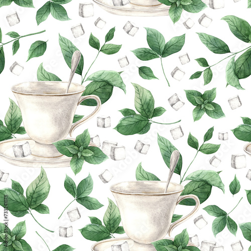 Watercolor pattern with mug, saucer, spoon, sugar and mint on a transparent background. Illustration is hand drawn, suitable for menu design, packaging, poster, website, textile, invitation, brochure.