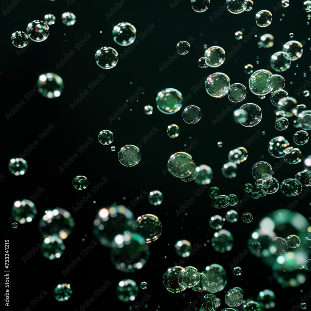 Abstract beautiful small clear green soap bubbles floating on black background. ai generated.