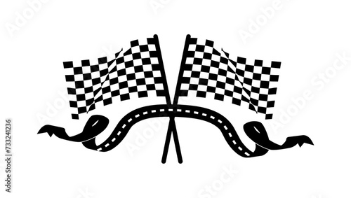 Checkered or racing flags and finish ribbon, black isolated silhouette