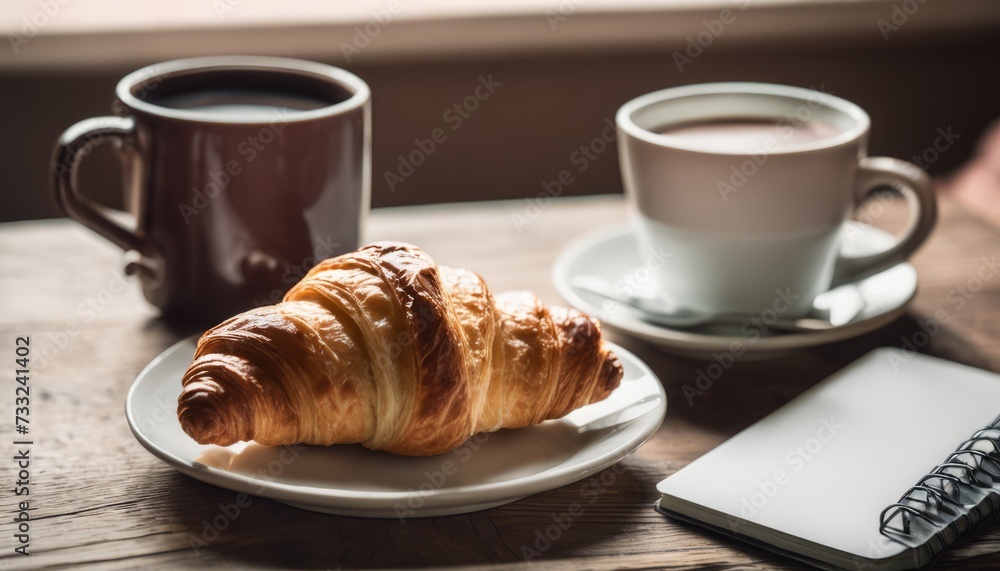 A croissant and two cups of coffee on a table - obrazy, fototapety, plakaty 