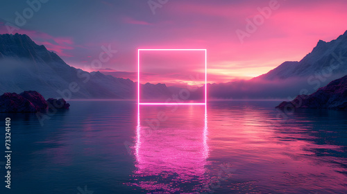 A pink neon rectangle is centered in the middle of a lake, reflecting off the water. The sky above is pink and purple, with clouds over a mountain range.