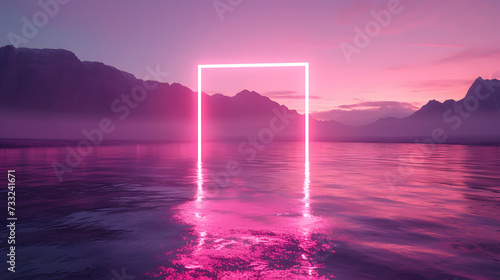 A pink neon rectangle is centered in the middle of a lake, reflecting off the water. The sky above is pink and purple, with clouds over a mountain range. photo
