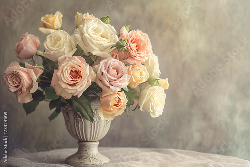 Wallpaper Mural A classic still life composition featuring a variety of roses in soft pastel colors arranged in an antique vase, set against a textured backdrop. Torontodigital.ca