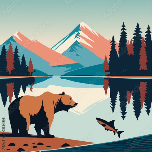 Bear on the lakeshore, salmon in the water, mountains and forest in the background, retro poster design