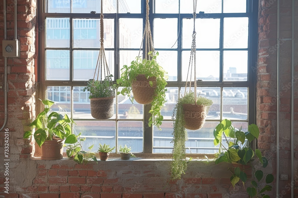 A window sill showcasing a collection of potted plants placed next to a vintage window. A window sill showcasing a collection of potted plants placed next to a vintage window.