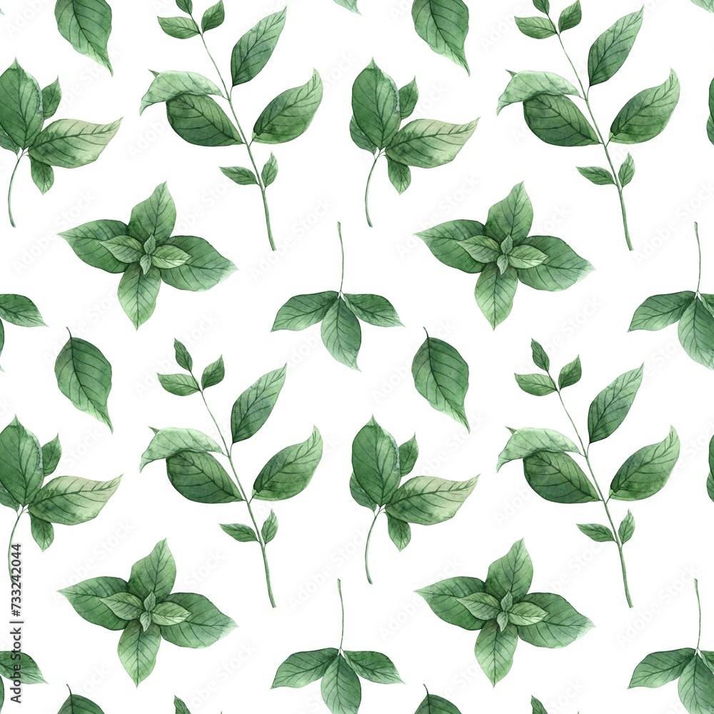 Watercolor seamless pattern with juicy, spicy mint on a white background. Illustration is hand drawn, suitable for menu design, packaging, poster, website, textile, invitation, brochure - obrazy, fototapety, plakaty 