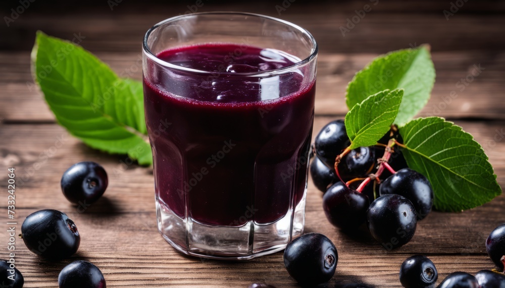 A glass of juice with berries on a wooden table A glass of juice with berries on a wooden table