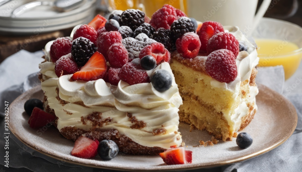 A slice of cake with strawberries and blueberries on top A slice of cake with strawberries and blueberries on top