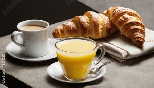 A cup of coffee and a croissant on a table