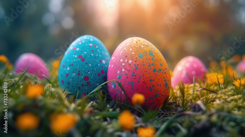 Wielkanoc. Grupa kolorowych jajek leżących na szczycie bujnego, zielonego pola