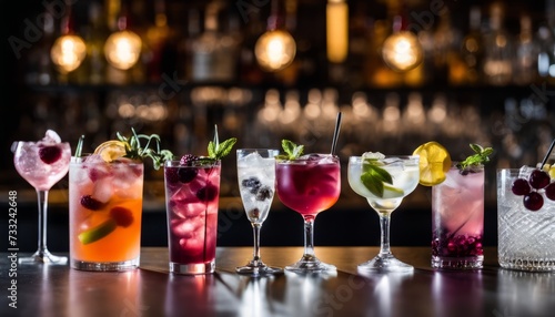 A row of cocktails with fruit garnishes