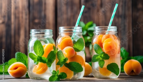 Two jars of lemonade with mint leaves and peaches