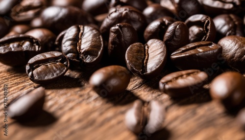 A pile of coffee beans on a wooden table