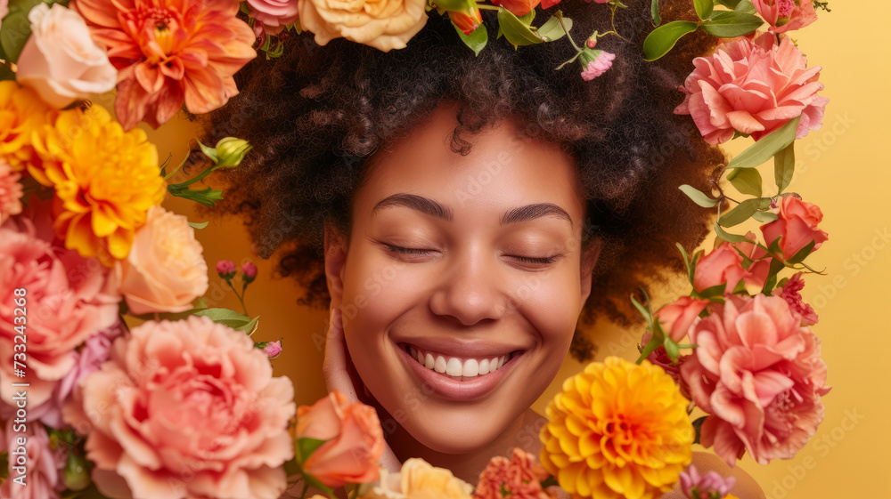Cheerful girl surrounded by flowers Cheerful girl surrounded by flowers