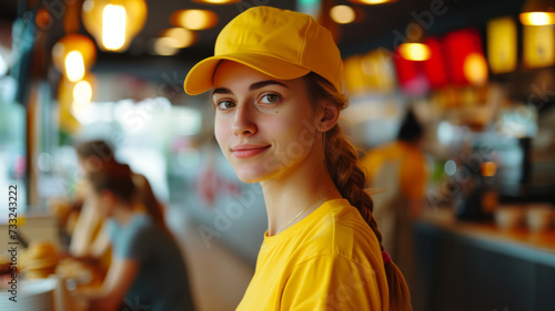 Young Female Employee Smiling at Camera in Fast Food Restaurant During Evening Shift