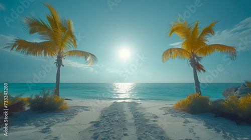 A tranquil beach scene, with golden sands stretching into the distance, framed by gently swaying palm trees