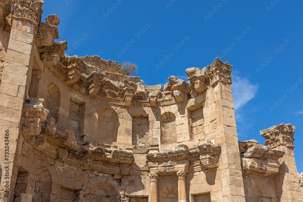Side view photo of Nymphaeum. The  monument consecrated to the springs nymphs.  Jerash.  Jordan.