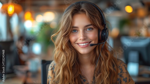 Kobieta w nauce z obsługi klienta słucha w słuchawkach i uśmiecha się do kamery
