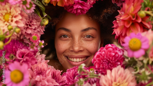 Young beautiful woman surrounded by bright flowers.