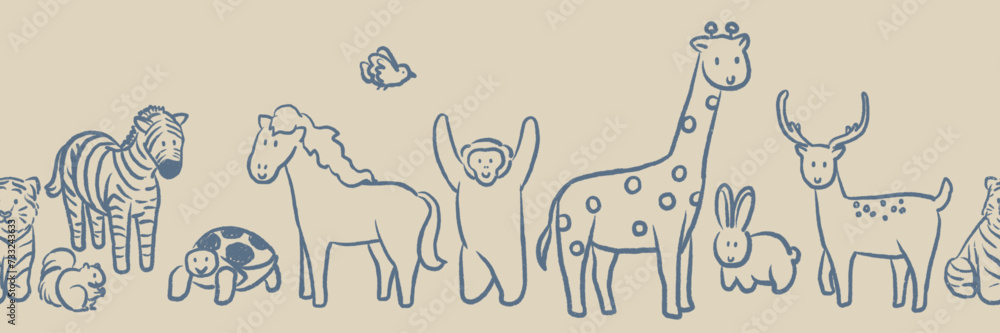 Obraz premium Hand drawn wildlife animals doodle vintage style seamless pattern