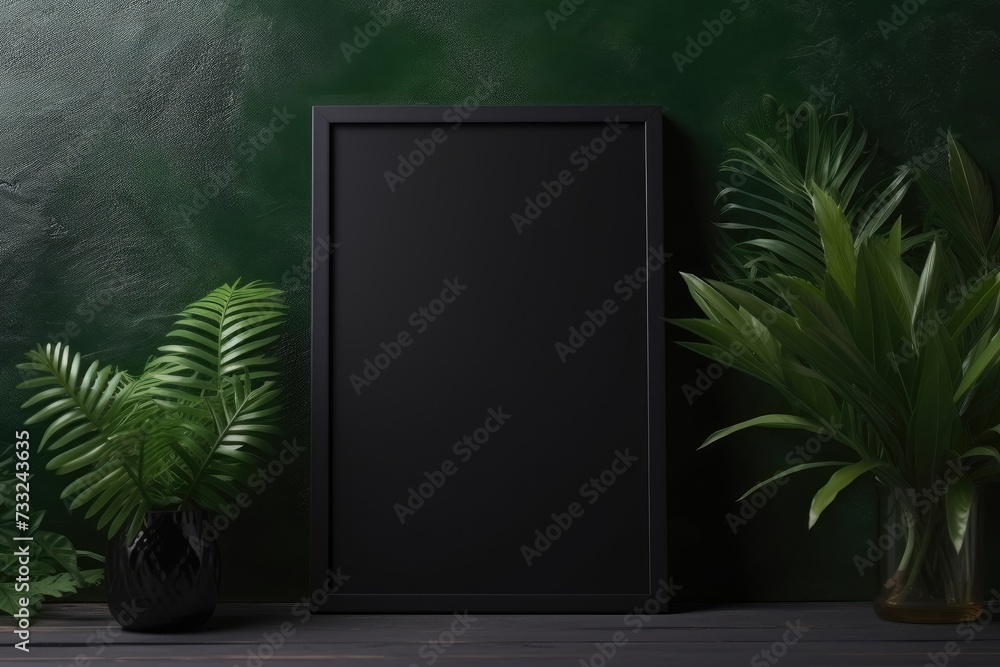 Mock up empty black frame. Botanical decorations frame , Plants in a black frame with an empty mockup,Ai generated