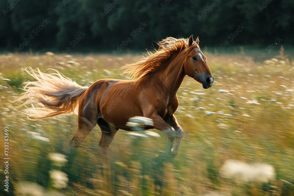 Obraz premium Thunderous Motion: A Horse's Trotting Escape