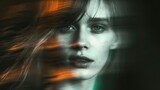 Woman portrait on dark background. Blurred face hand shape out of focus. Mysterious and sensitive female portrait in fashion art style