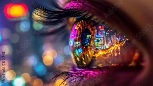 Close-up of a woman s eye reflecting the night city.