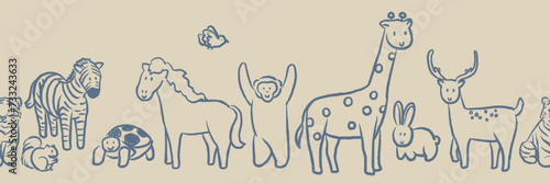 Hand drawn wildlife animals doodle vintage style seamless pattern