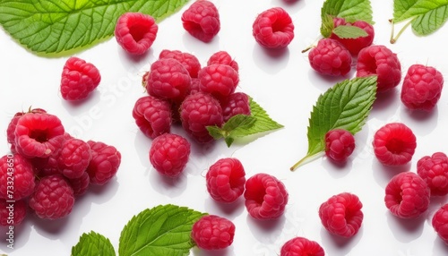 A bunch of red raspberries on a white background
