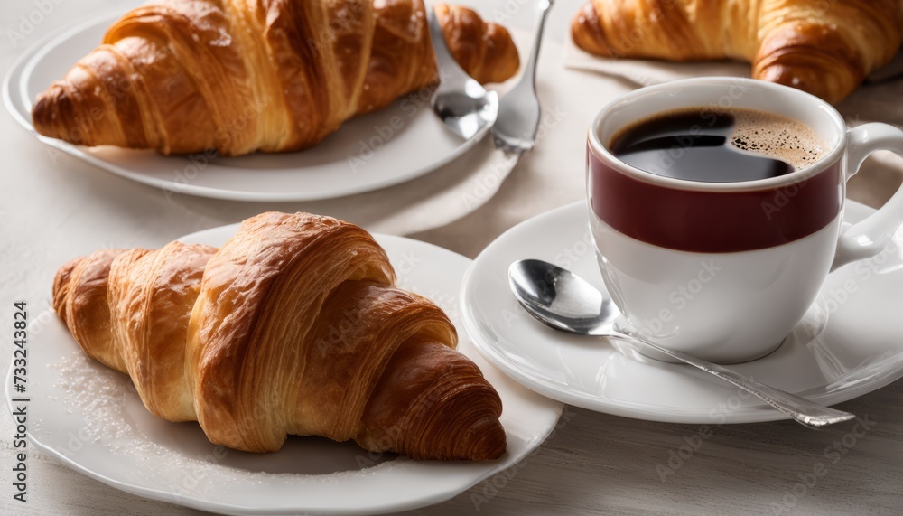 A cup of coffee and two croissants on a table A cup of coffee and two croissants on a table
