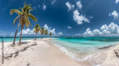 A tranquil beach scene  with golden sands stretching into the distance  framed by gently swaying palm trees