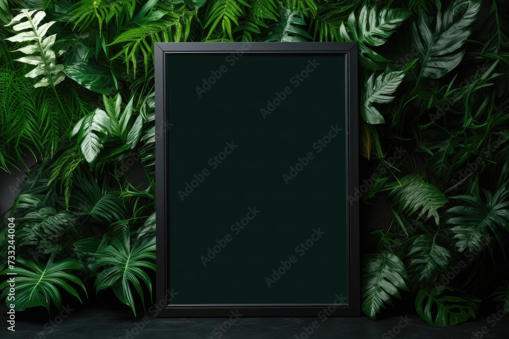 Mock up empty black frame. Botanical decorations frame , Plants in a black frame with an empty mockup,Ai generated