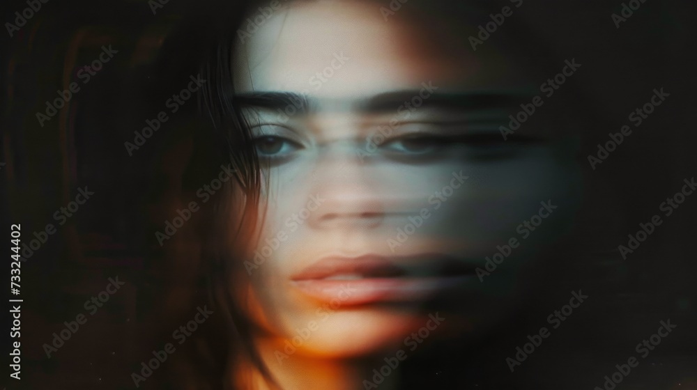 Woman portrait on dark background. Blurred face hand shape out of focus. Mysterious and sensitive female portrait in fashion art style Woman portrait on dark background. Blurred face hand shape out of focus. Mysterious and sensitive female portrait in fashion art style