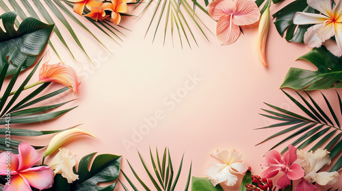 Travel tropical themed floral graphic frame and banner, pastel colors