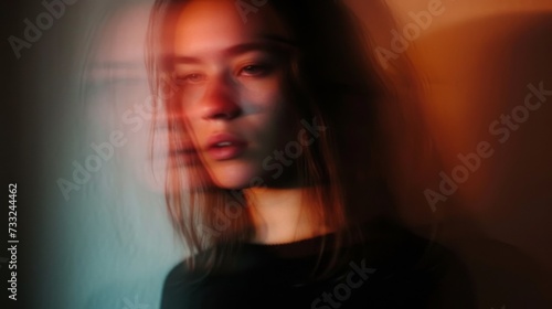 Woman portrait on grey background. Blurred face hand shape out of focus. Mysterious and sensitive female portrait in fashion art style