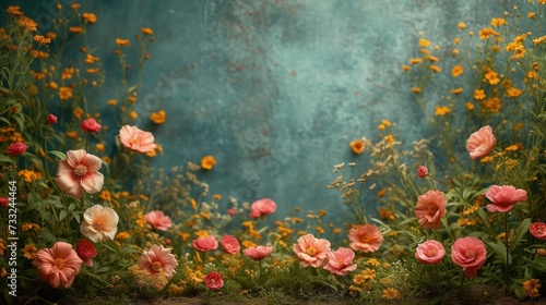 Obraz różowych i żółtych kwiatów na niebieskim tle