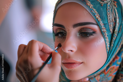 Beautician making make-up for arab woman in beauty salon cosmetic