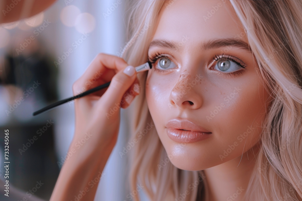 Beautician making make-up for blonde woman in beauty salon cosmetic Beautician making make-up for blonde woman in beauty salon cosmetic