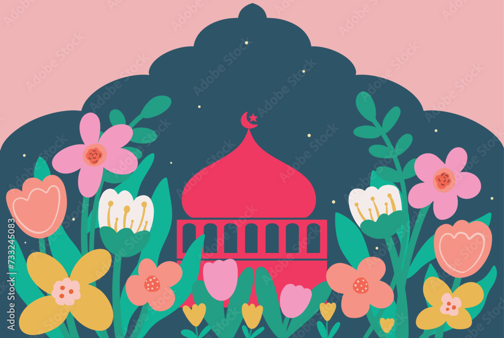 Mosque with flowers background illustration, suitable for Islamic events, Eid Mubarak and Ramadan Islamic celebrations, Islamic designs and religious projects