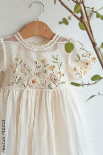 An exquisite children's dress with detailed floral embroidery hangs gracefully, showcasing the intricate craftsmanship and timeless elegance..