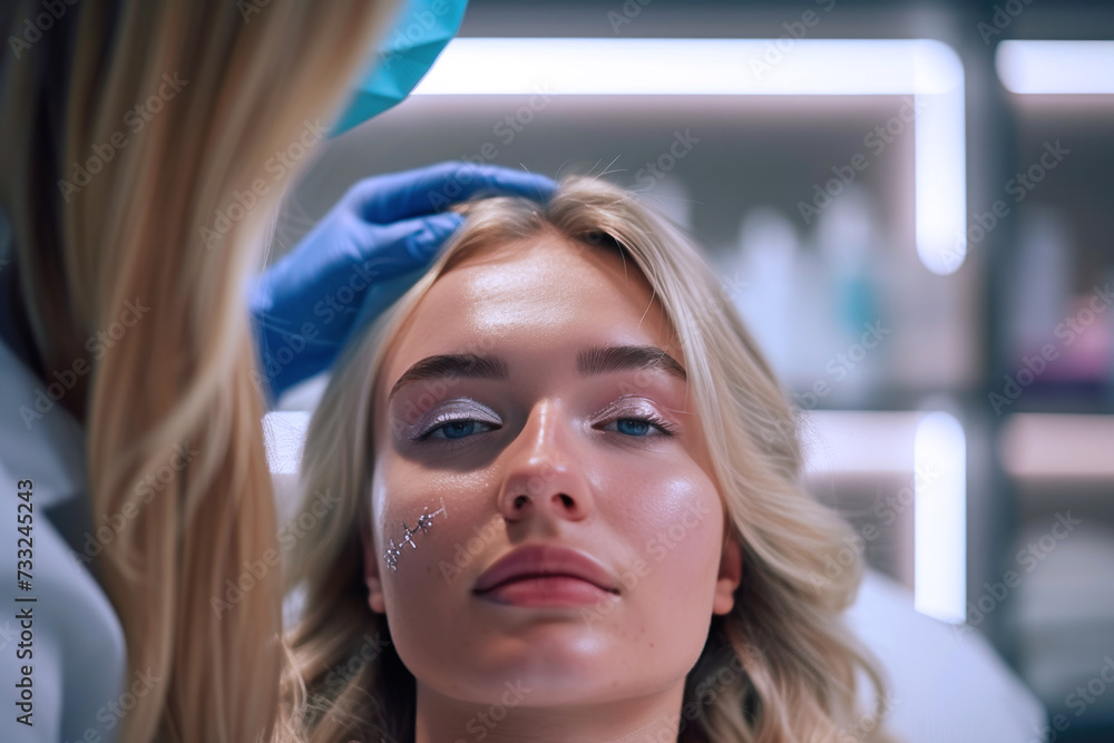Beautician making make-up for blonde woman in beauty salon cosmetic Beautician making make-up for blonde woman in beauty salon cosmetic