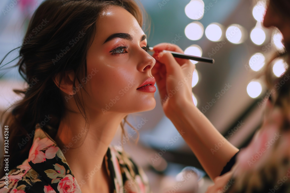Fototapeta premium Beautician making make-up for brunette woman in beauty salon cosmetic